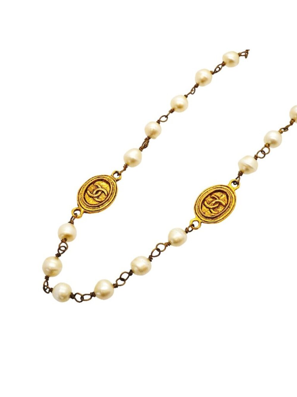 Chanel Necklace Vintage CC Logo Gold Plated Faux Pearl